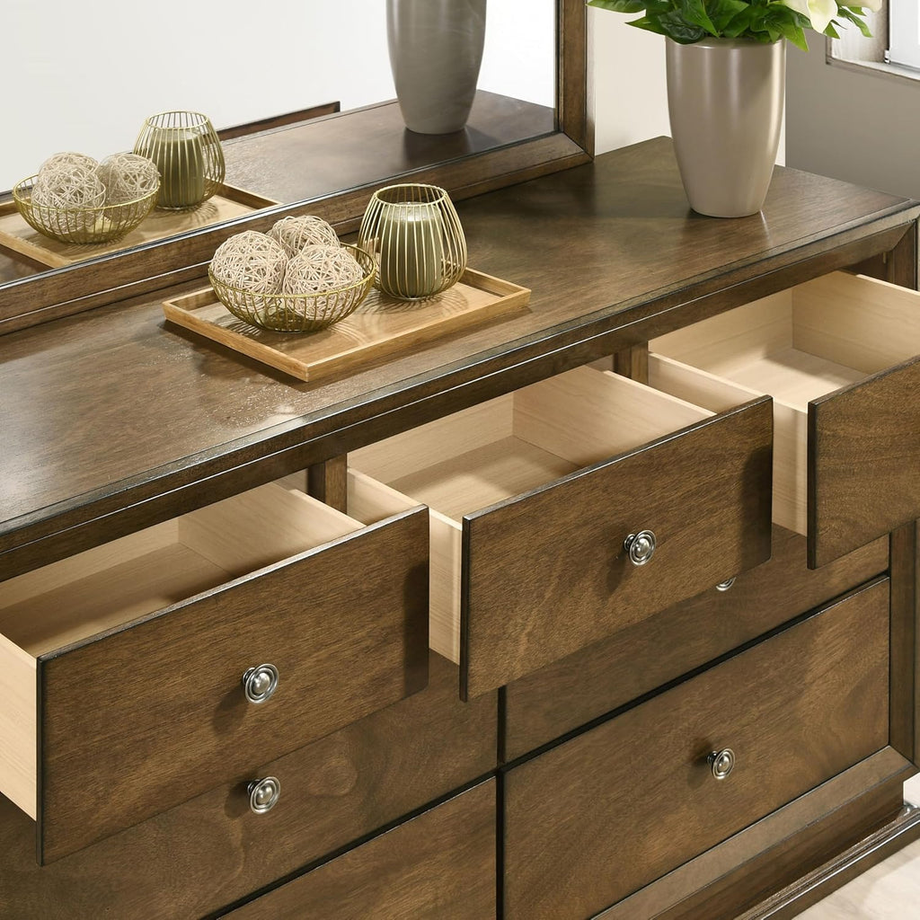 Furniture of America Extan Modern Solid Wood 5-Piece Bedroom Set with Beveled Corner, Metal Center Glide, Zinc Iron Bronze Knobs, Box Spring Needed, Full, Walnut