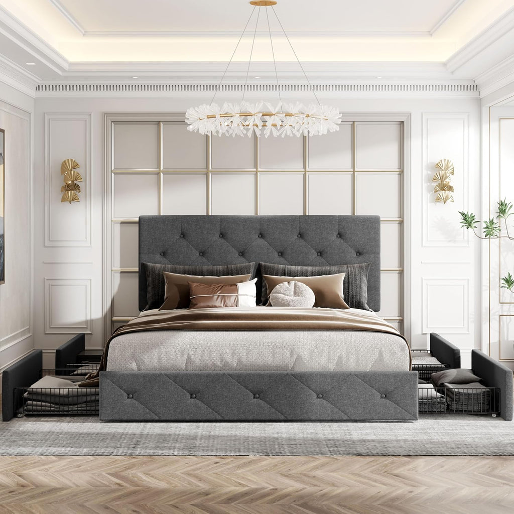 HOOMIC Full Size Platform Storage Bed Frame with 4 Drawers & Adjustable Headboard, Wooden Slats, No Box Spring Needed,Diamond Stitched Button Tufted Design, Noise Free, Dark Grey