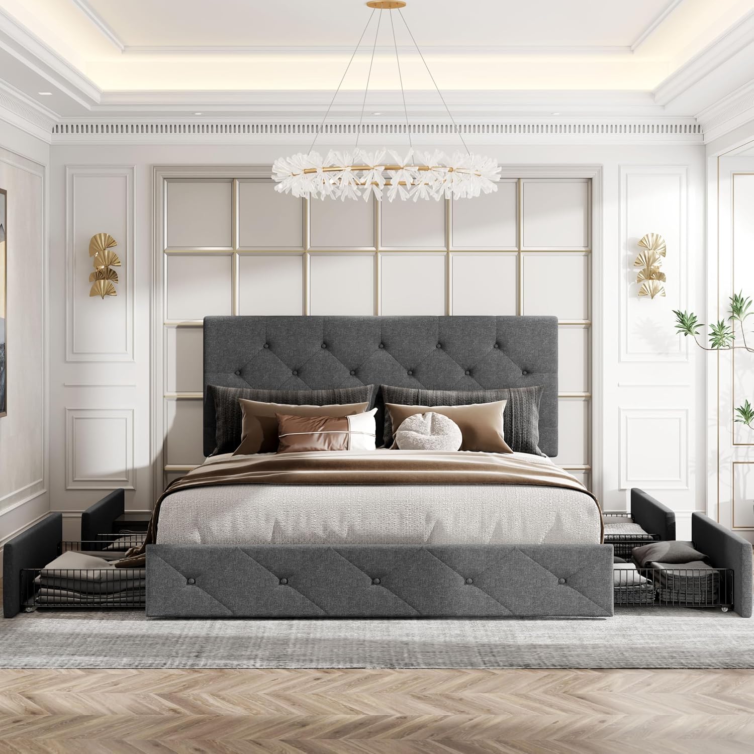 HOOMIC Queen Size Platform Storage Bed Frame with 4 Drawers & Adjustable Headboard, Wooden Slats, No Box Spring Needed,Diamond Stitched Button Tufted Design, No squeaks, Dark Grey