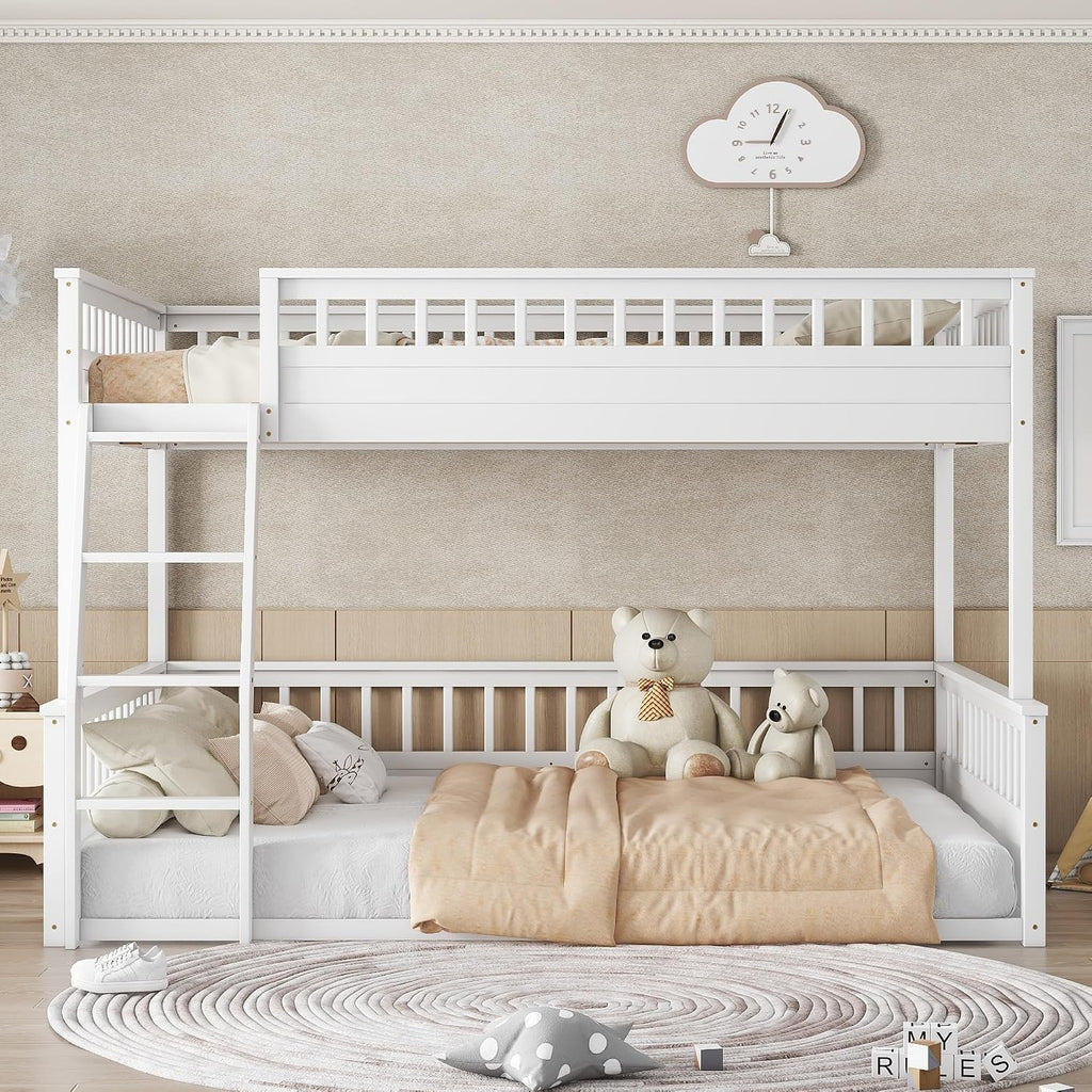 RUNNA Rustic Solid Wood Bunk Bed for Kids Teens with Ladder and Guardrails, Detachable Split Design,No Box Spring Needed (Off White, Full XL Over Queen)