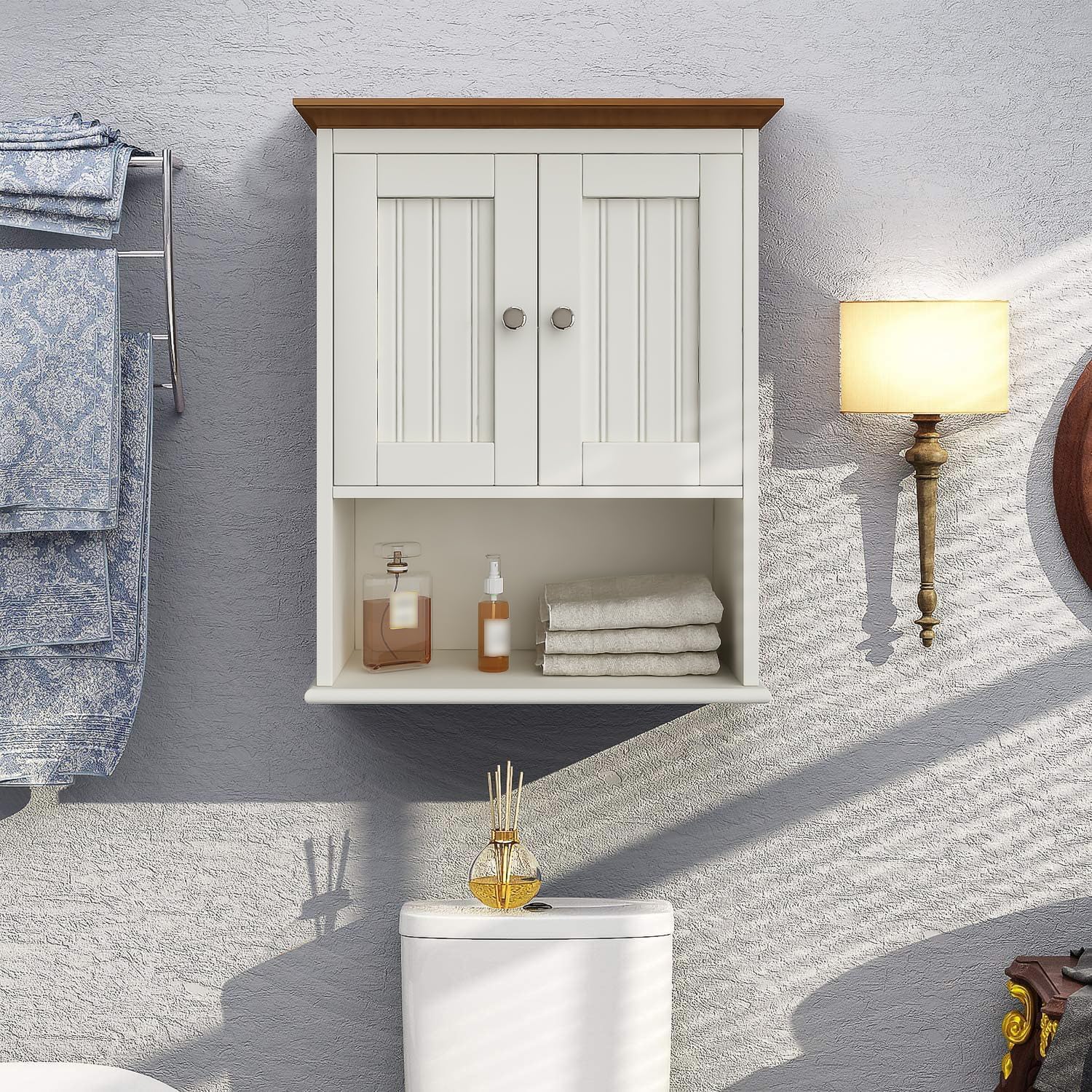 Treocho Wood Wall Cabinet, Bathroom Medicine Cabinet Storage with Doors and Adjustable Shelf, Rustic Cabinet Wall Mounted for Bathroom, Living Room, Kitchen, White & Brown