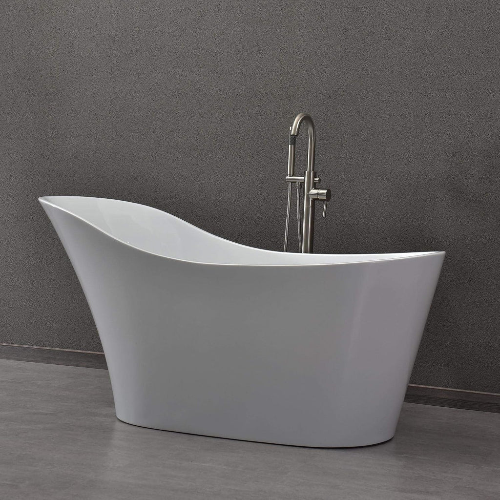 WOODBRIDGE 59' Acrylic Freestanding Bathtub Contemporary Soaking White Tub with Brushed Nickel Overflow and Drain，B0029-B/N-Drain&O
