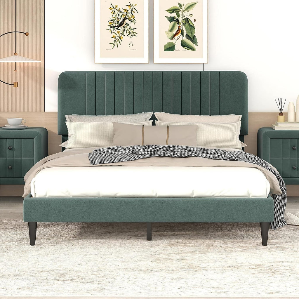 KLMM Modern Queen Size Upholstered Platform Bed, No Box Spring Needed, Velvet Fabric, Suitable for Bedroom Use, Easy to Assemble (Green#G^)
