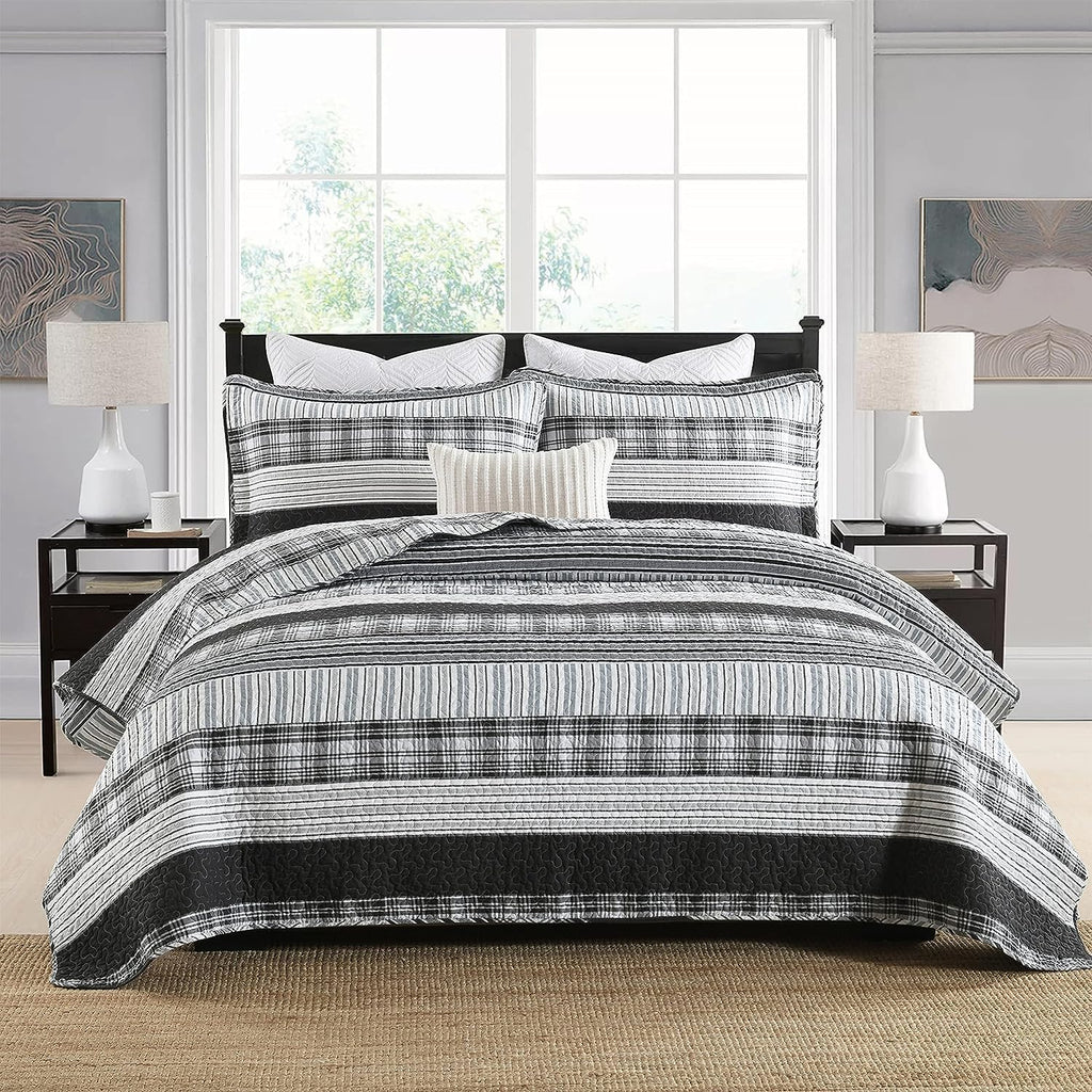 Homzard King Size Comforter - 100% Cotton, Black White Striped King Quilt Bedding Set,Black Grey Plaid Striped Bedding King,Farmhouse Lightweight Comforter for Bed,All Season