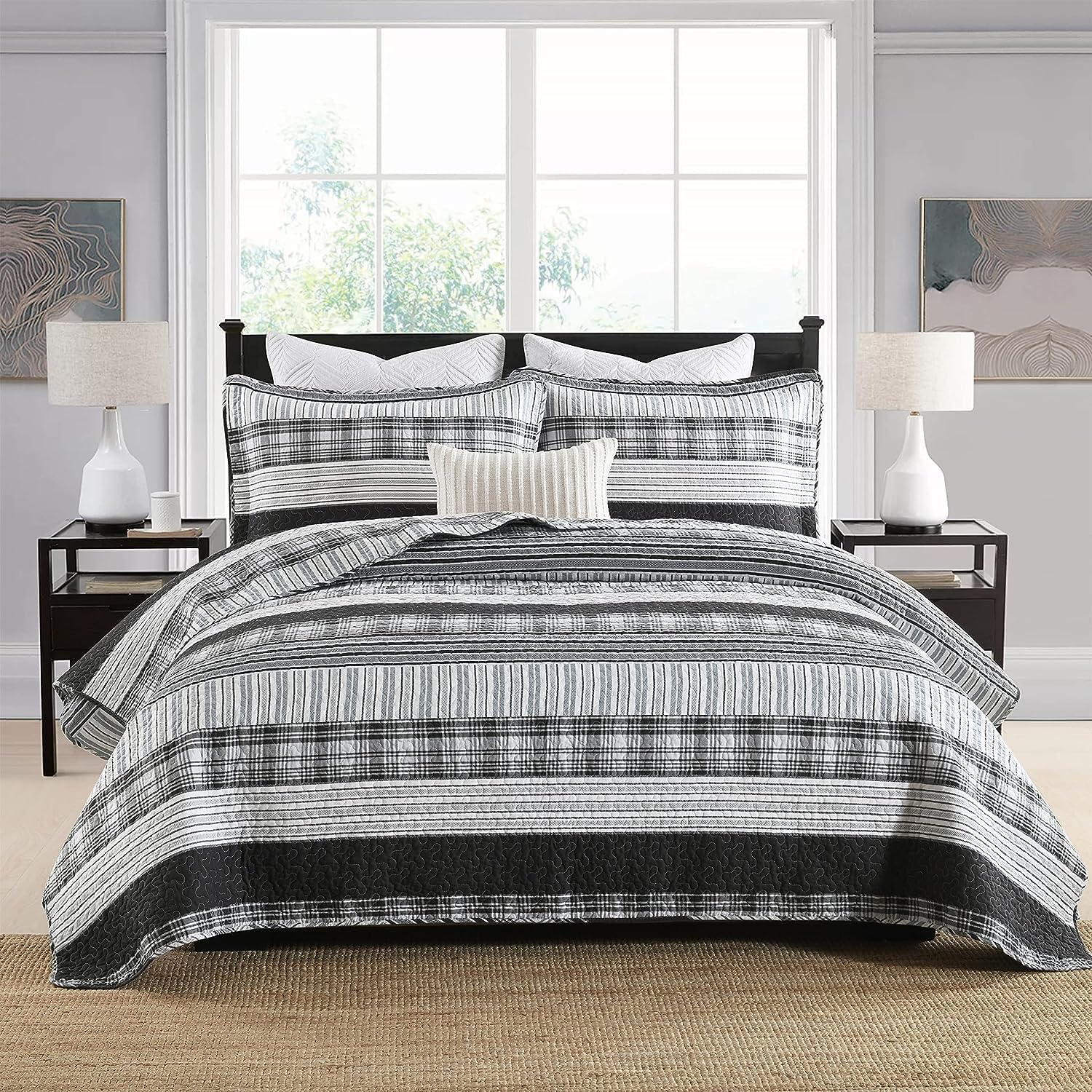 Homzard King Size Comforter - 100% Cotton, Black White Striped King Quilt Bedding Set,Black Grey Plaid Striped Bedding King,Farmhouse Lightweight Comforter for Bed,All Season