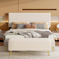 Modern 2-Pieces Bedroom Sets, Corduroy Queen Size Platform Bed with Storage Ottoman, Upholstered Platform Bed Frame with Horizontal Stripe Headboard and Metal Legs, Sturdy Slats Support (Beige-D)
