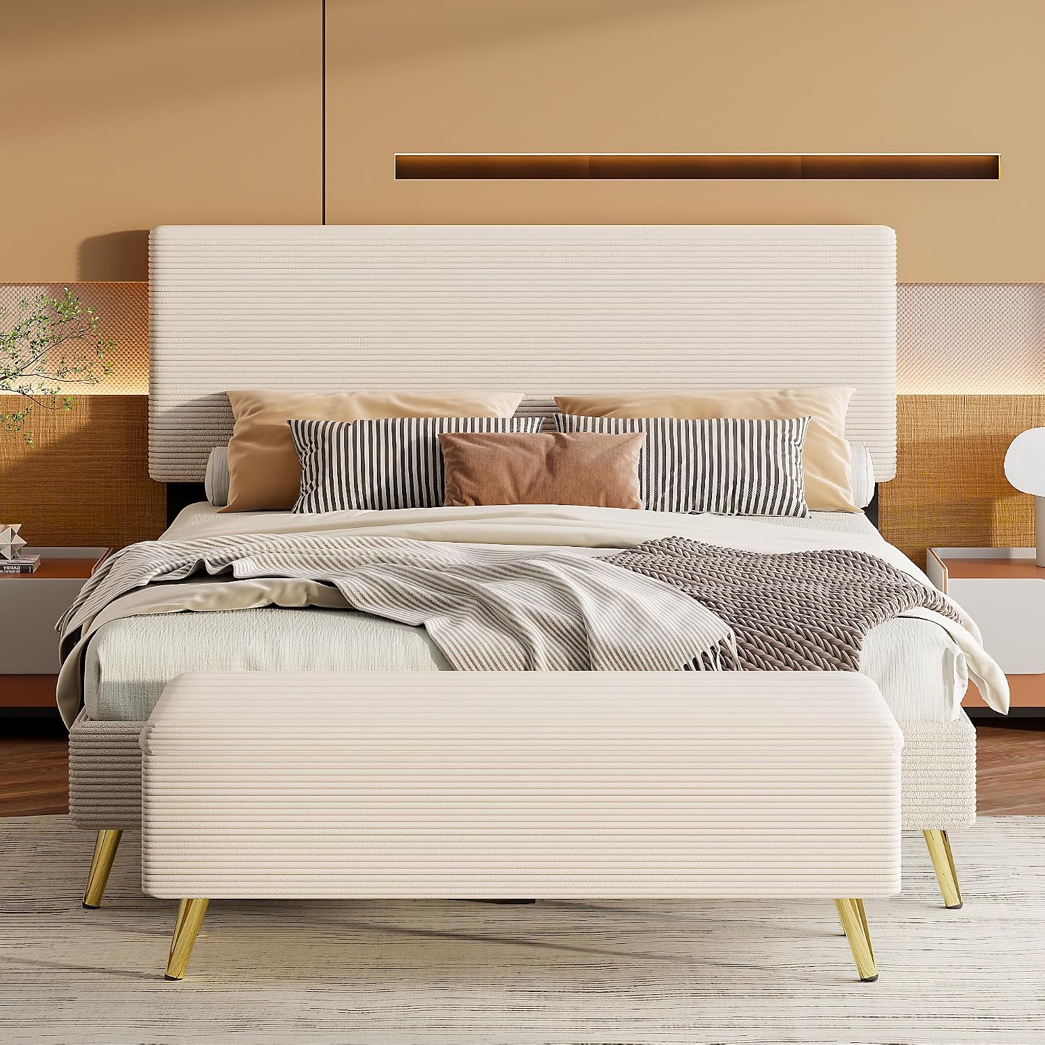 Modern 2-Pieces Bedroom Sets, Corduroy Queen Size Platform Bed with Storage Ottoman, Upholstered Platform Bed Frame with Horizontal Stripe Headboard and Metal Legs, Sturdy Slats Support (Beige-D)