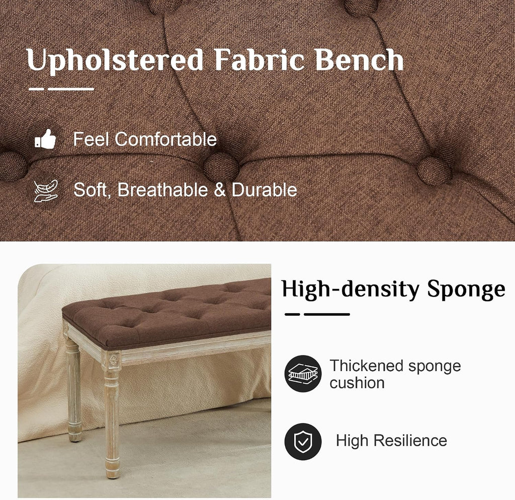 LOULENS 57.7' Linen Fabric End of Bed Bench, French Upholstered Button Tufted Bench for Bedroom End of Bed King Size, Window Seat with Carved Wood Legs for Bedroom, Living Room, Entryway, Brown