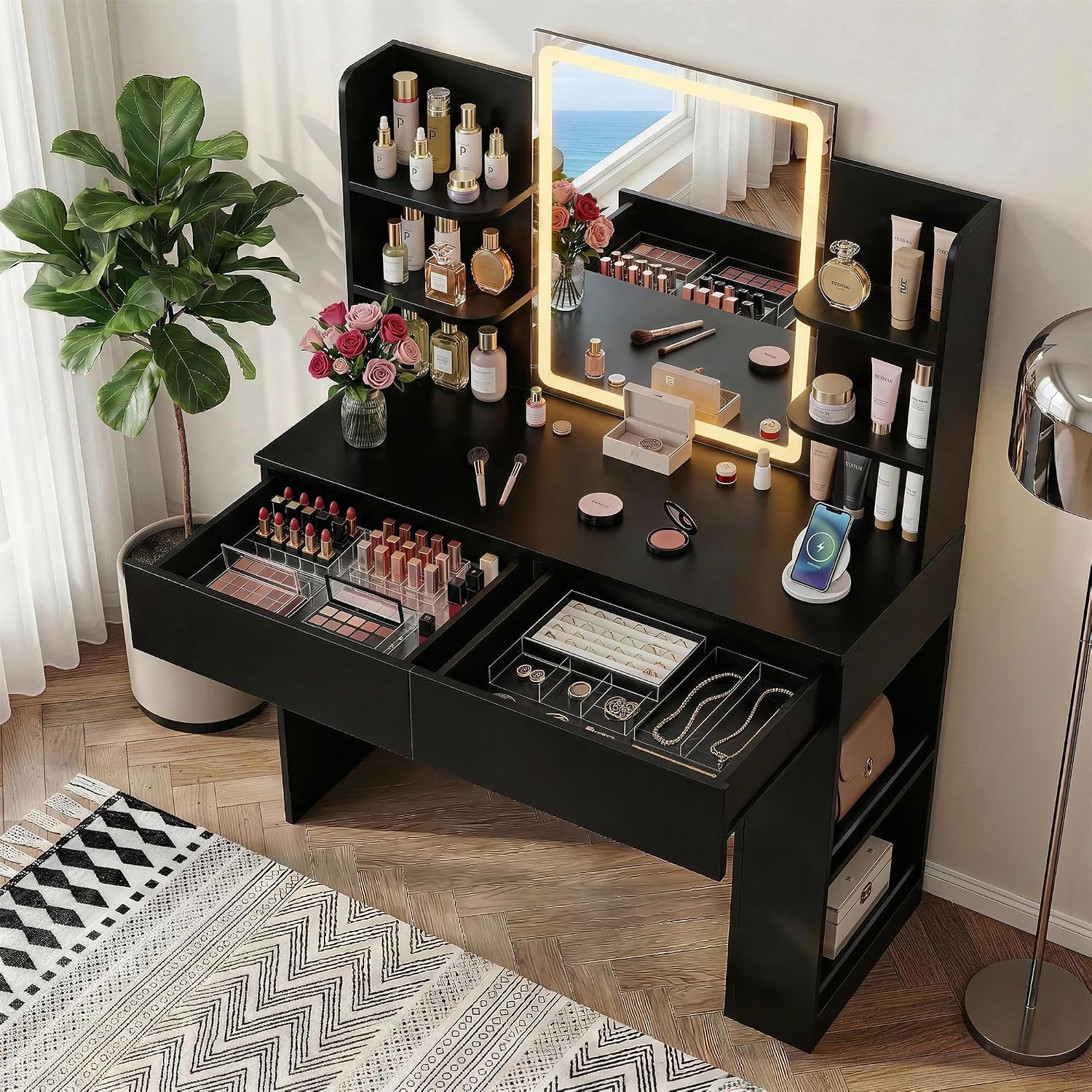 Furmax Vanity Desk with Mirror and LED Lights, Makeup Vanity Table with 3 Lighting Color, Adjustable Brightness, Vanity Table with 2 Drawers, Side Storage, for Bedroom (Black, No Bench)