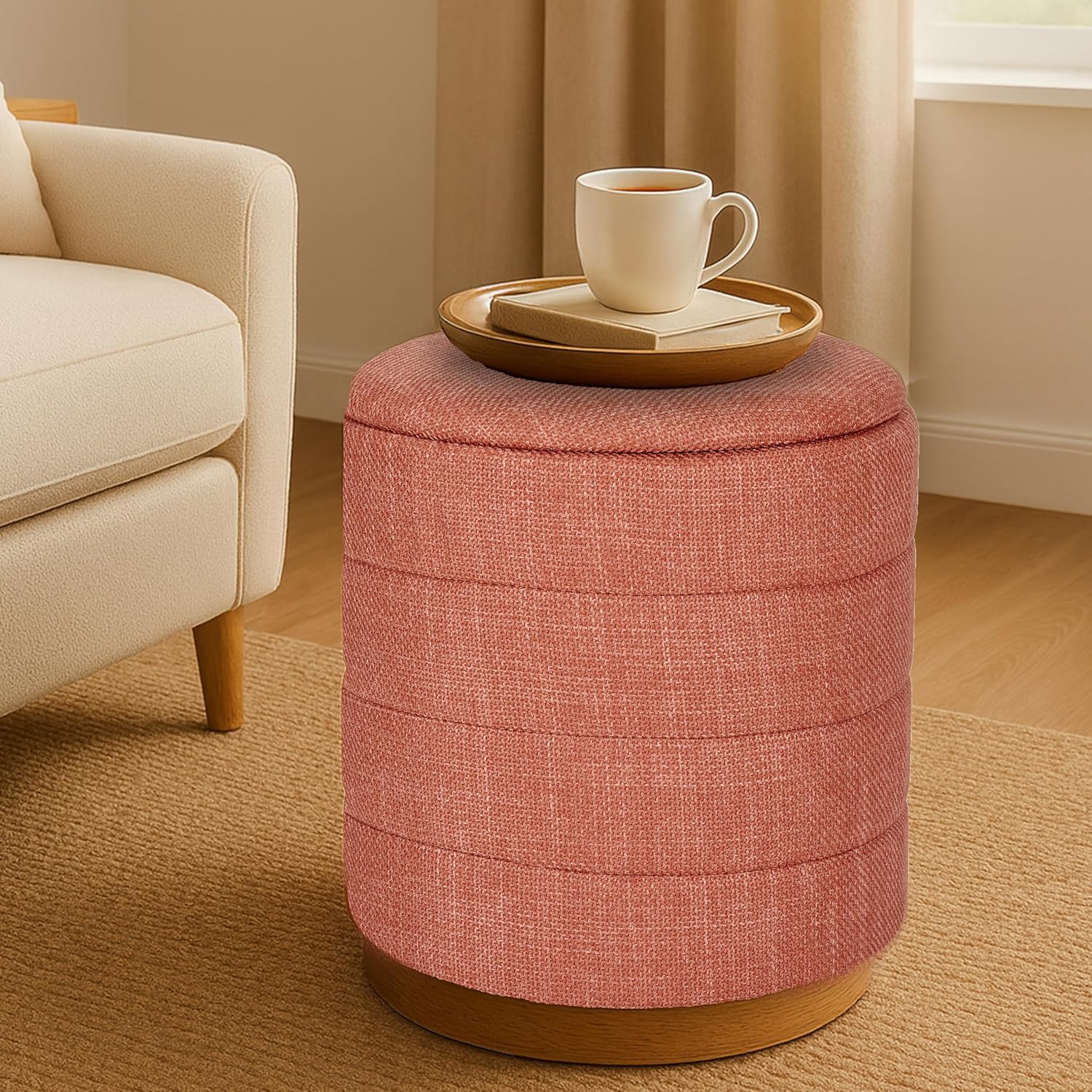 Round Ottoman with Storage – Elegant Durable Linen Upholstered Footrest Bench for Living Room, Cylinder Vanity Stool – Coral Orange
