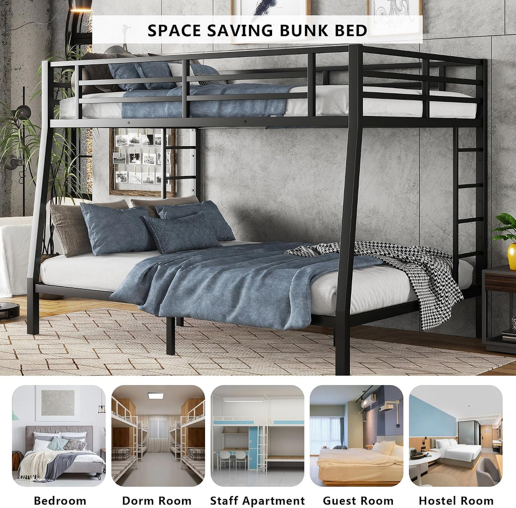 Setawix Metal Full XL Over Queen Bunk Bed,Heavy Duty Queen Bunk Beds for Adults,Industrial Bunkbed with Ladders for Kids,Teens,Boys,Girls,Space Saving,Low Noice (Black, Full XL Over Queen)