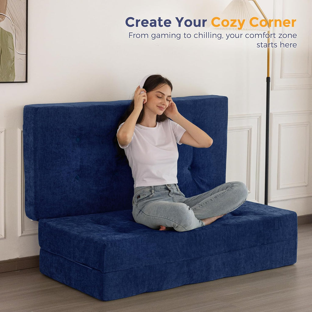 MAXYOYO 6' Folding Sofa Bed for Floor, Tufted Tri-Fold Floor Mattress with Chenille Fabric, Twin Size Portable Sofa Couch Guest Mat for Adults, Foldable Topper for Camping, Navy, 35.4'x75'