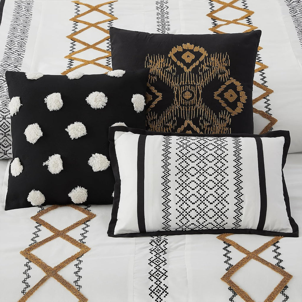 LANCO MODERN LIFESTYLE Black Gold King Comforter Set, 7 Pieces All Season Bedding Sets in a Bag with Geometric Terry Embroidered Comforter, Bed Skirt, Pillow Shams and Decorative Pillows