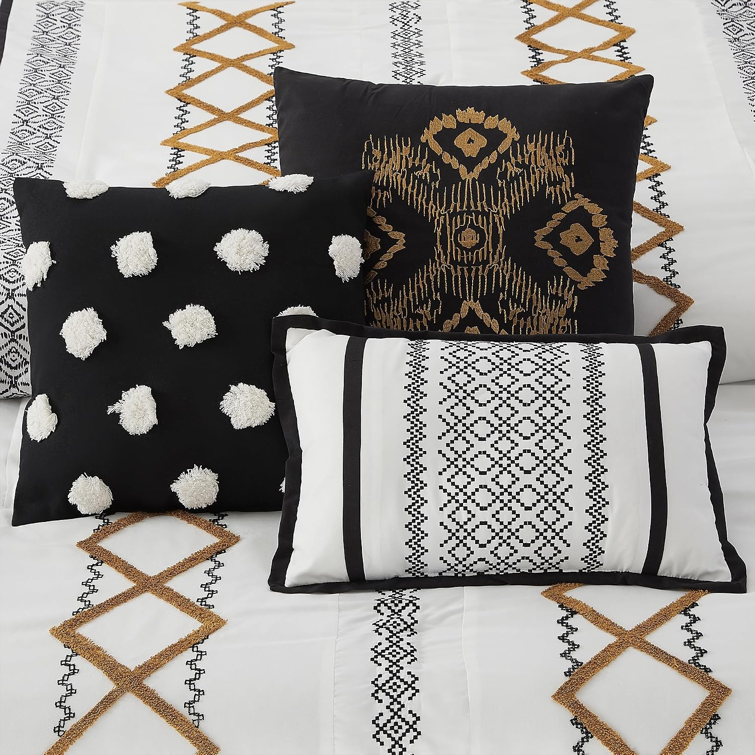 LANCO MODERN LIFESTYLE Black Gold California King Comforter Set, 7 Pieces All Season Bedding Sets in a Bag with Geometric Terry Embroidered Comforter, Bed Skirt, Pillow Shams and Decorative Pillows
