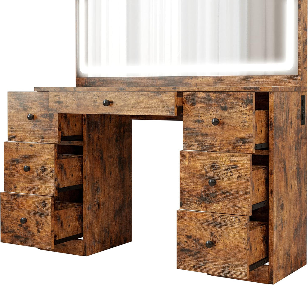 IRONCK Vanity Desk Set with Large LED Lighted Mirror & Power Outlet, 7 Drawers Vanities Dressing Makeup Table with Storage Bench, for Bedroom, Industrial Style Vintage Brown