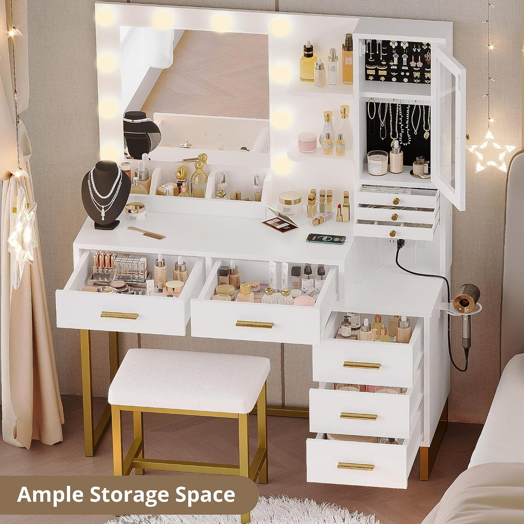 IRONCK Vanity Desk with Mirror and Lights, Makeup Vanity Table with 5 Drawers & Shelves, Power Outlet, Vanity Stool, Dressing Table with Jewelry Storage for Girls Bedroom, White & Gold