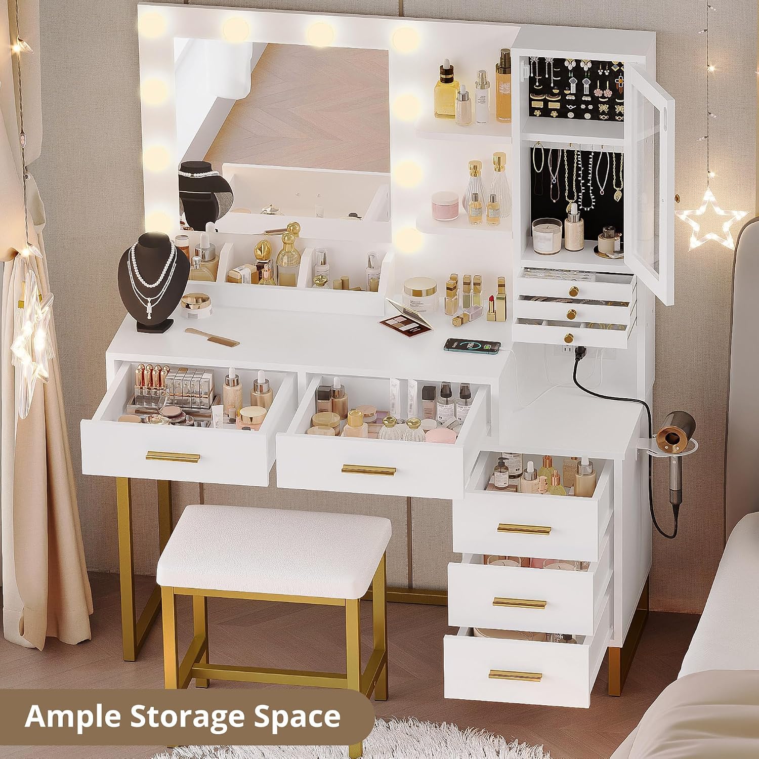 IRONCK Vanity Desk with Mirror and Lights, Makeup Vanity Table with 5 Drawers & Shelves, Power Outlet, Vanity Stool, Dressing Table with Jewelry Storage for Girls Bedroom, White & Gold