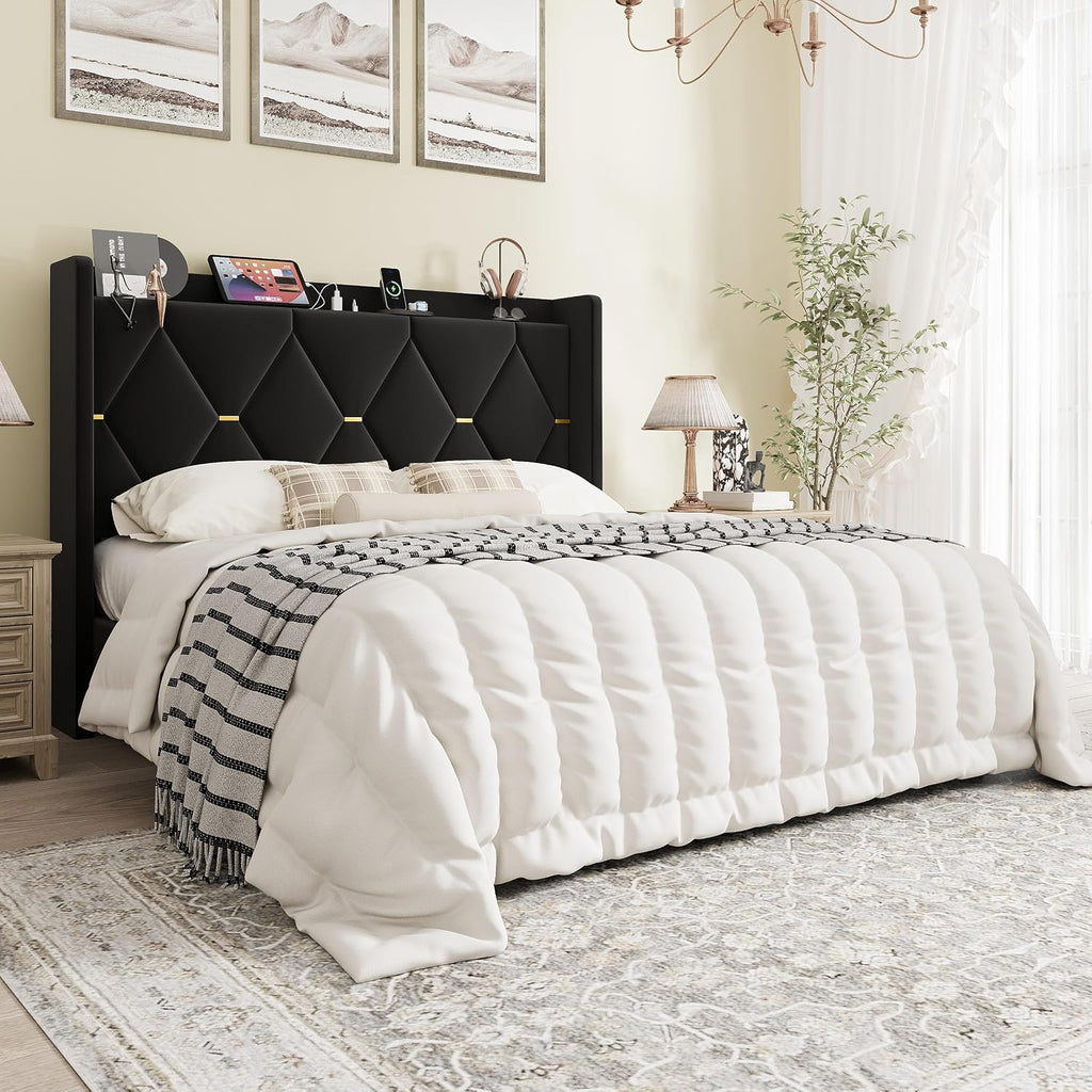 SHA CERLIN Full Size Velvet Upholstered Bed Frame with Charging Station, Modern Wingback Storage Headboard, Diamond Stitched & Gold Trim, No Box Spring Needed, Easy Assembly, Black