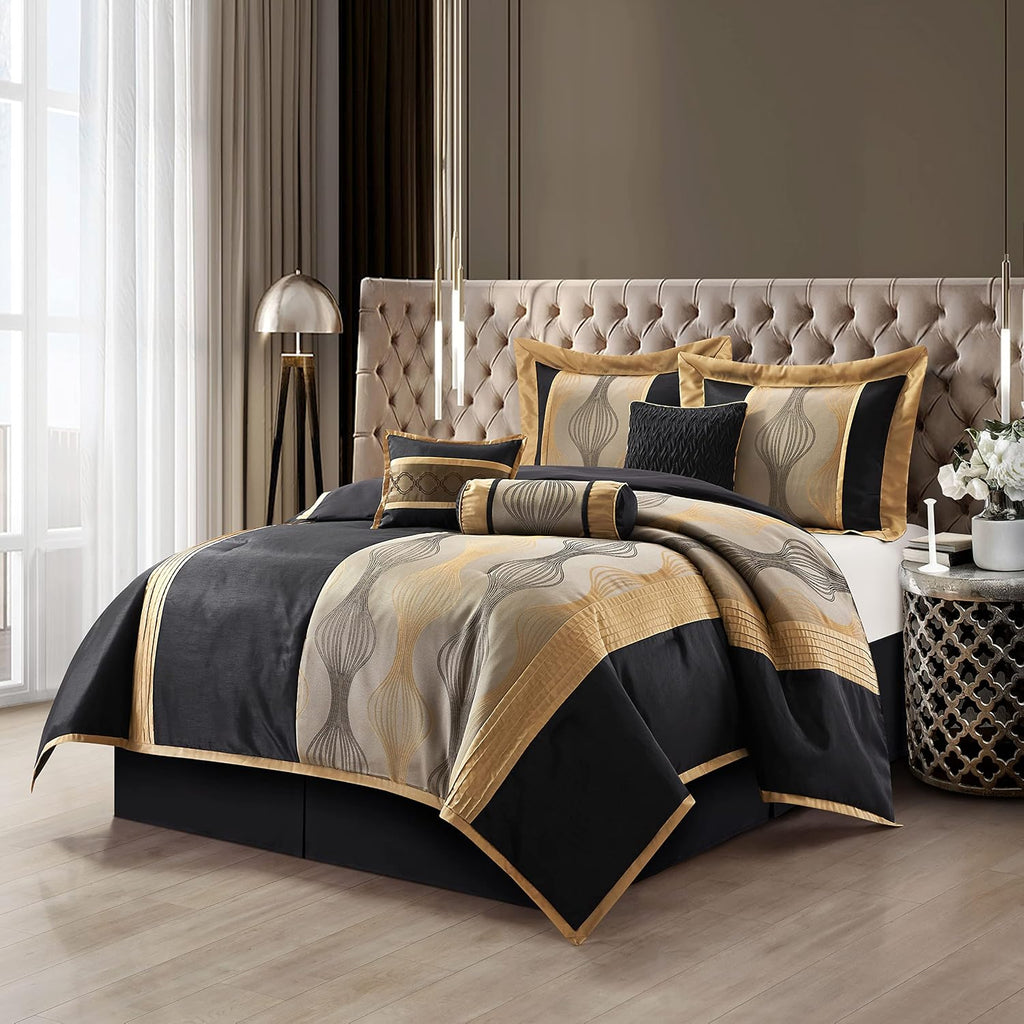 Grand Avenue Elegant Black and Gold Comforter Set King Size, Striped, 7 Pieces Jacquard Bedding Sets All Season with Comforter, Bed Skirt, Pillows & Shams, Lightweight Microfiber