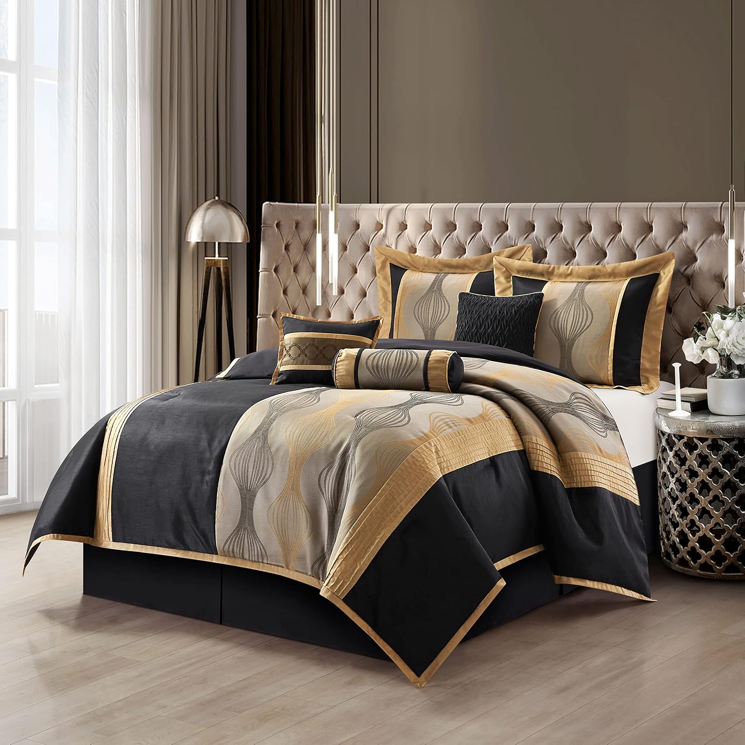 Grand Avenue Elegant Black and Gold Comforter Set King Size, Striped, 7 Pieces Jacquard Bedding Sets All Season with Comforter, Bed Skirt, Pillows & Shams, Lightweight Microfiber