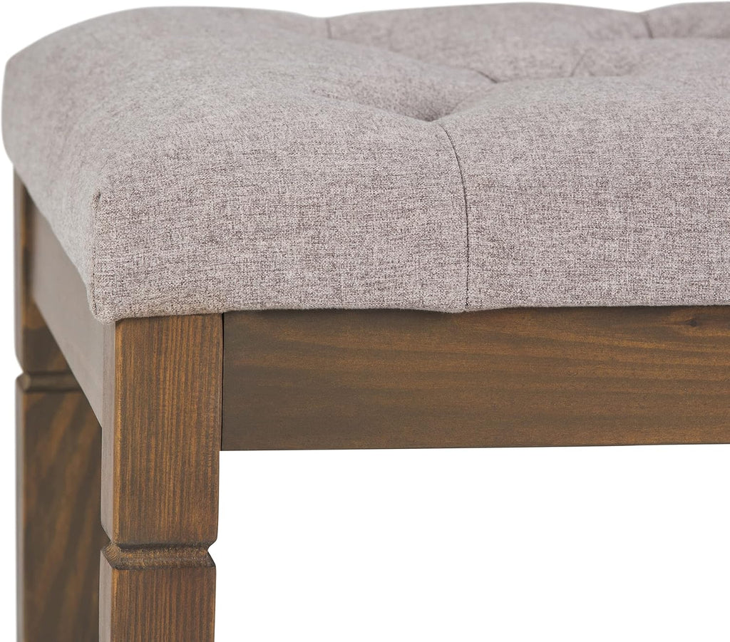 SIMPLIHOME Waverly Tufted Ottoman Bench - 48 inch Wide Upholstered Linen Look Fabric Rectangle Footstool Ottoman in Cloud Grey, Traditional Bench for Bedroom, Entryway or Living Room with Carved Legs