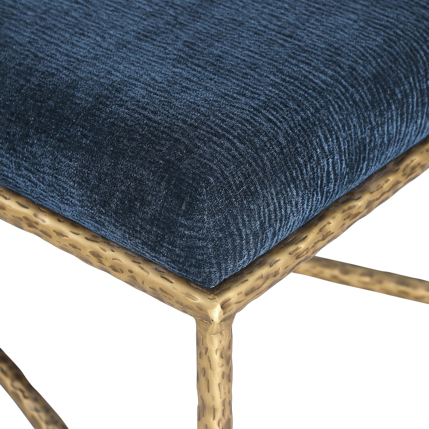 Meridian Furniture 22061Navy Valley Collection Modern | Contemporary Bench with Soft Navy Chenille Fabric, Brushed Brass Forged Iron Metal Legs and Frame, 25' W x 18' D x 18' H, Navy