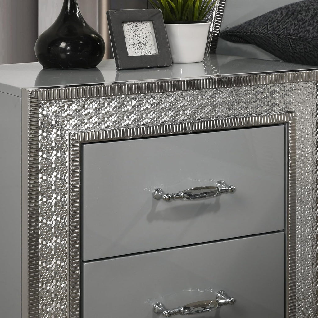 Furniture of America Santte Glam Solid Wood 5-Piece Bedroom Set with 7-Ray Headboard and Rectangle Mirror, Backlit LED, Metallic Scale Molding Trim, No Box Spring Needed, Queen, Metallic Gray