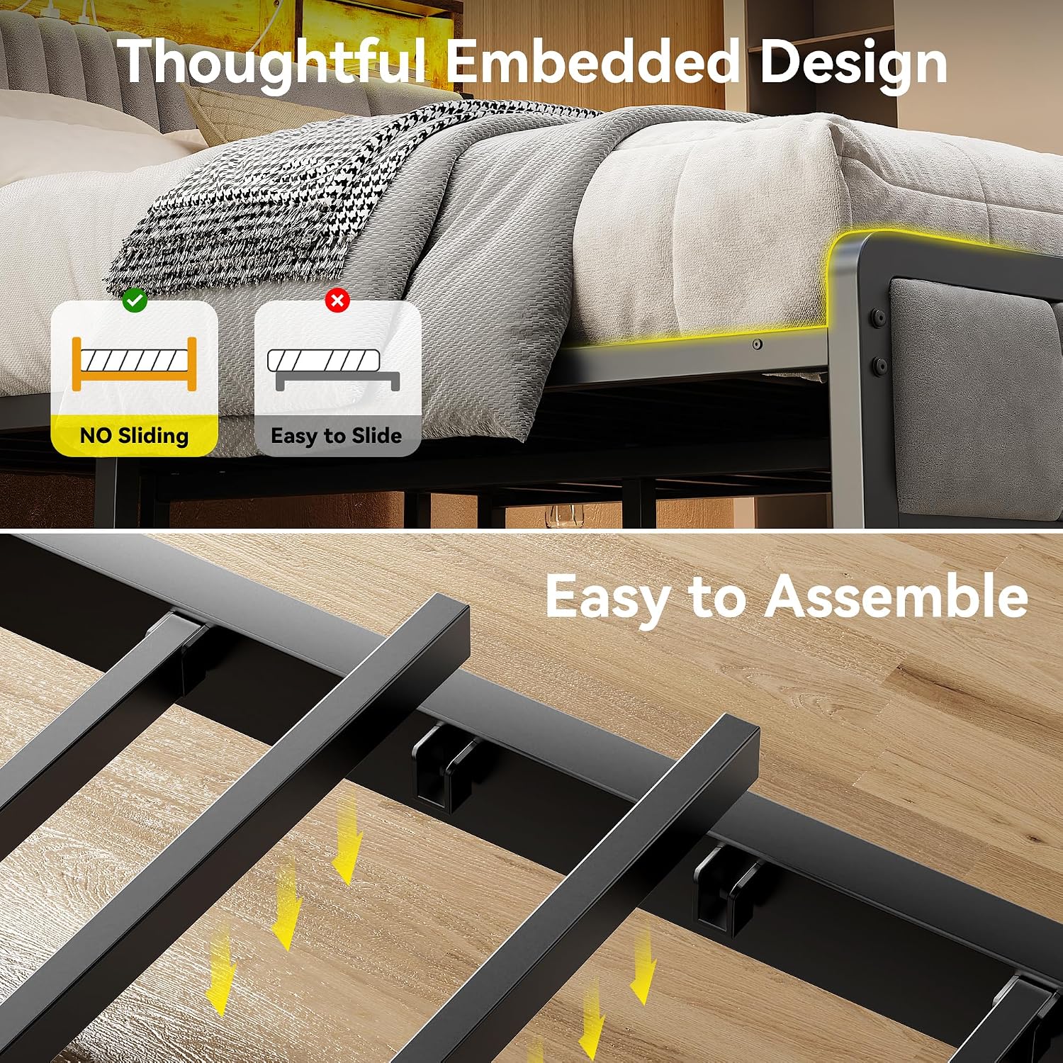 Susalt Twin Size Bed Frame with Storage Headboard and Charging Station, Ergonomic Platform Bed Frame with LED Lights, Strong Metal Slat Support, No Box Spring Needed, Noise Free, Grey