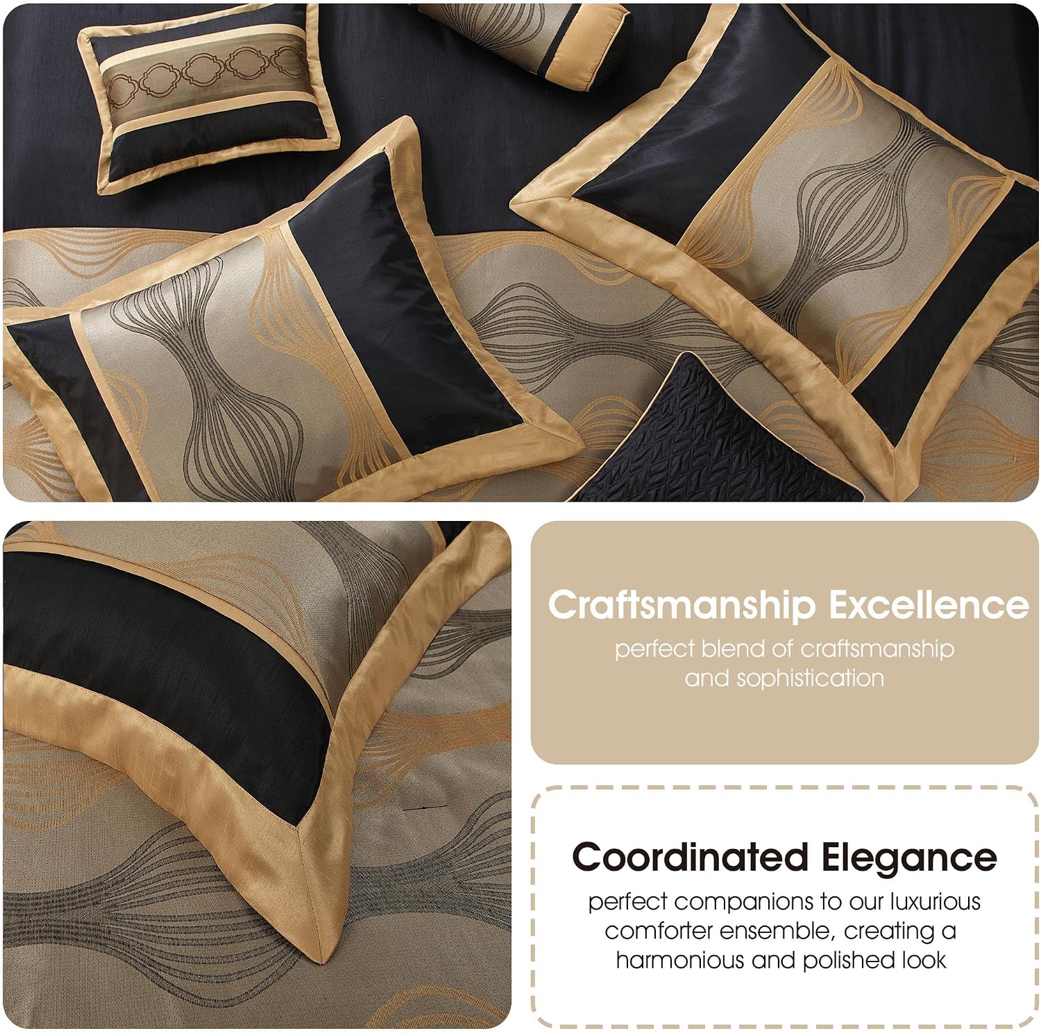 Grand Avenue Elegant Black and Gold Comforter Set King Size, Striped, 7 Pieces Jacquard Bedding Sets All Season with Comforter, Bed Skirt, Pillows & Shams, Lightweight Microfiber