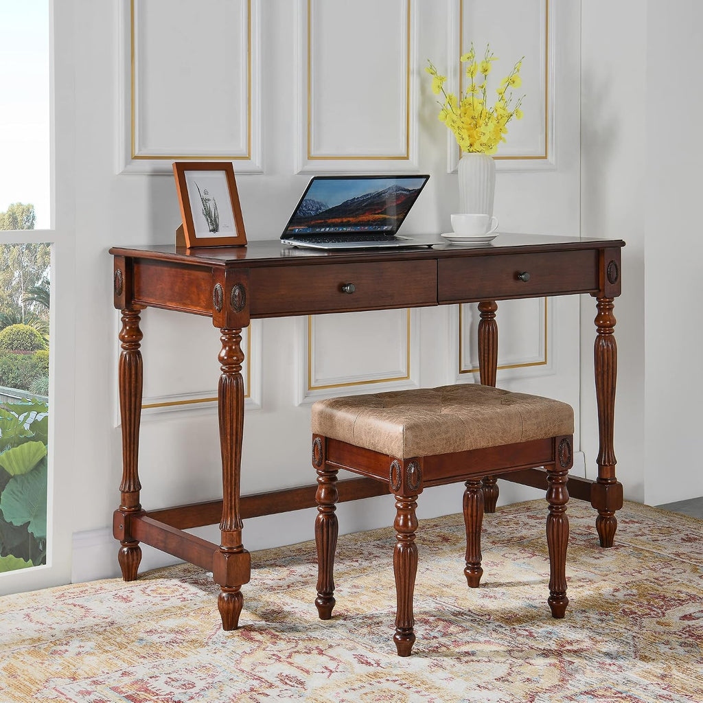Vanity Bench Stool with Padded Cushion, Piano Bench with Solid Wood Carving Legs, Home Chairs Button Breathing Leather Upholstered Seat, 18.5' x 14.2' x 19.1' Easy Assembly, Yellowish Brown FD1533LT