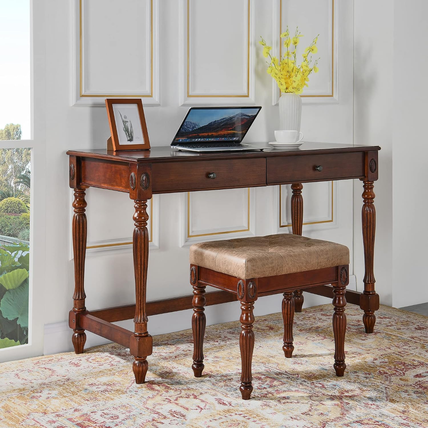 Vanity Bench Stool with Padded Cushion, Piano Bench with Solid Wood Carving Legs, Home Chairs Button Breathing Leather Upholstered Seat, 18.5' x 14.2' x 19.1' Easy Assembly, Yellowish Brown FD1533LT
