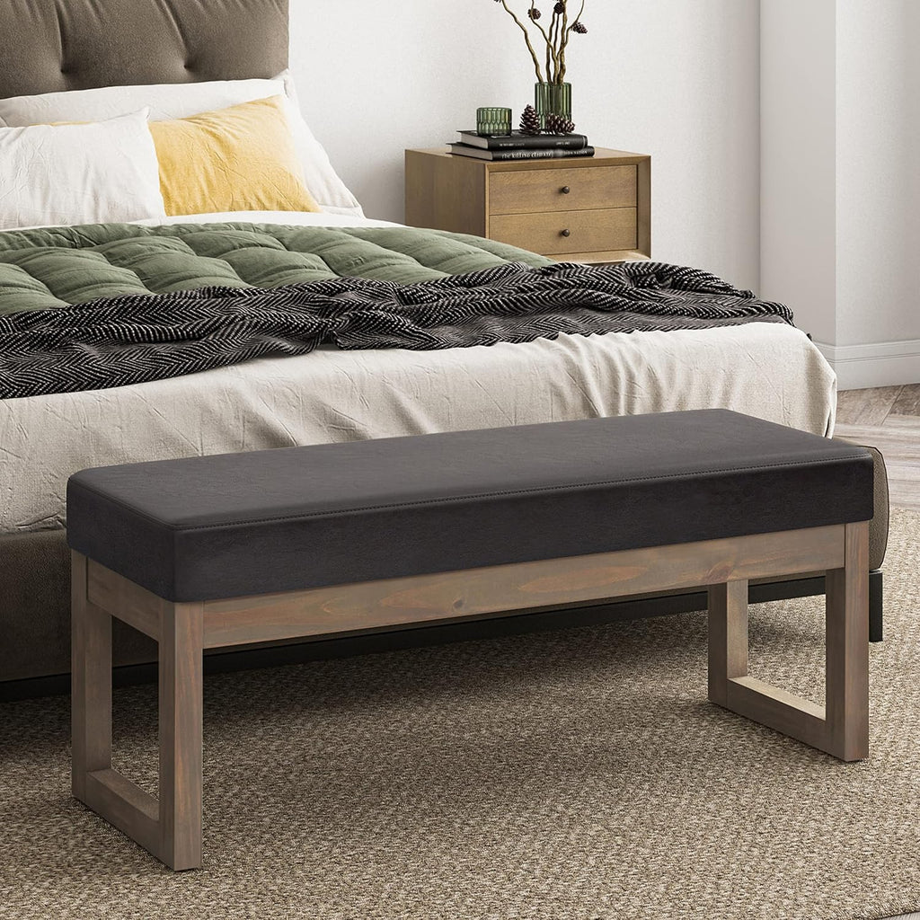 SIMPLIHOME Milltown Large Ottoman Bench - 44 inch Wide Upholstered Vegan Leather Rectangle Footstool Ottoman in Tanners Brown, Contemporary Bench for Bedroom with Cushioned Seat, Assembled