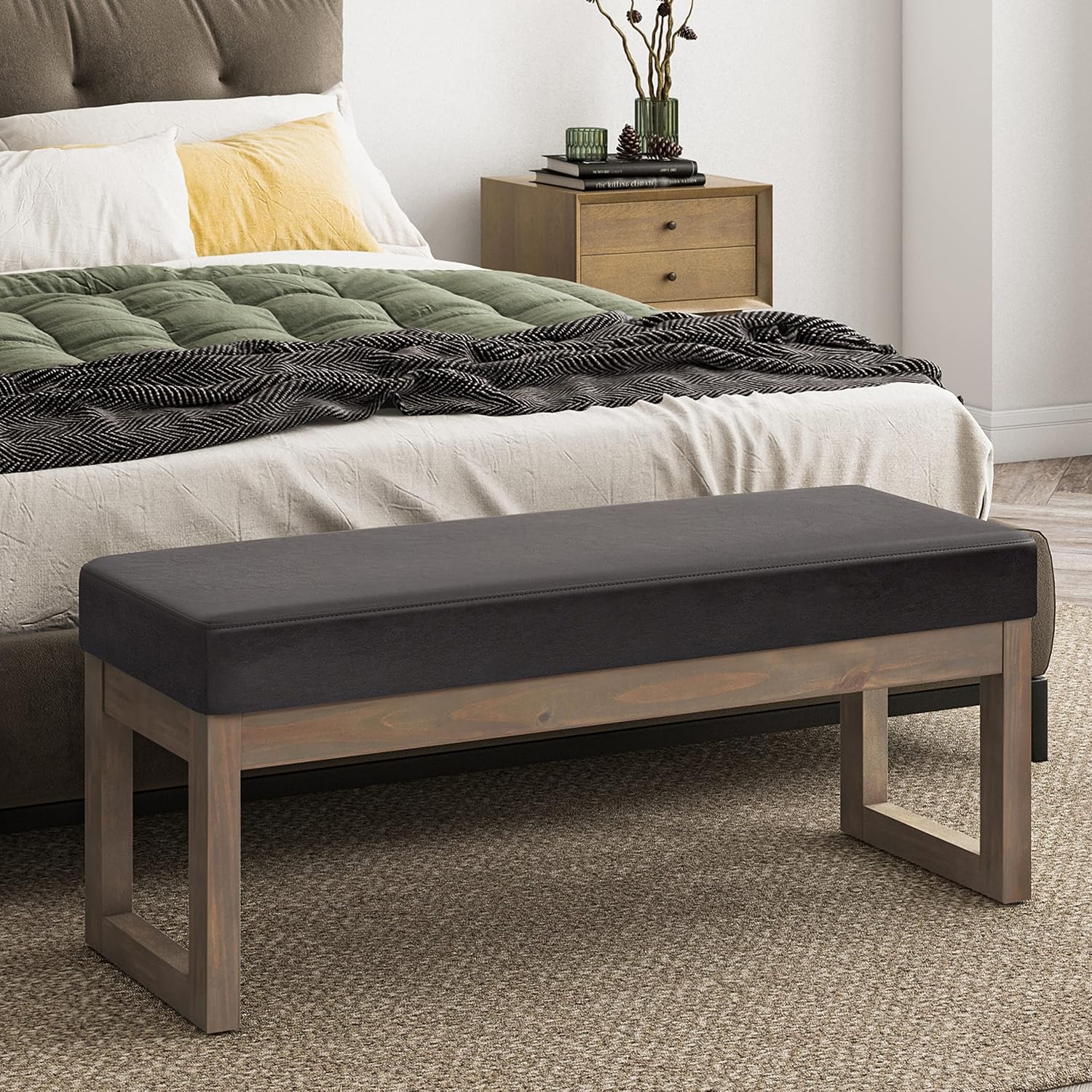 SIMPLIHOME Milltown Large Ottoman Bench - 44 inch Wide Upholstered Vegan Leather Rectangle Footstool Ottoman in Tanners Brown, Contemporary Bench for Bedroom with Cushioned Seat, Assembled