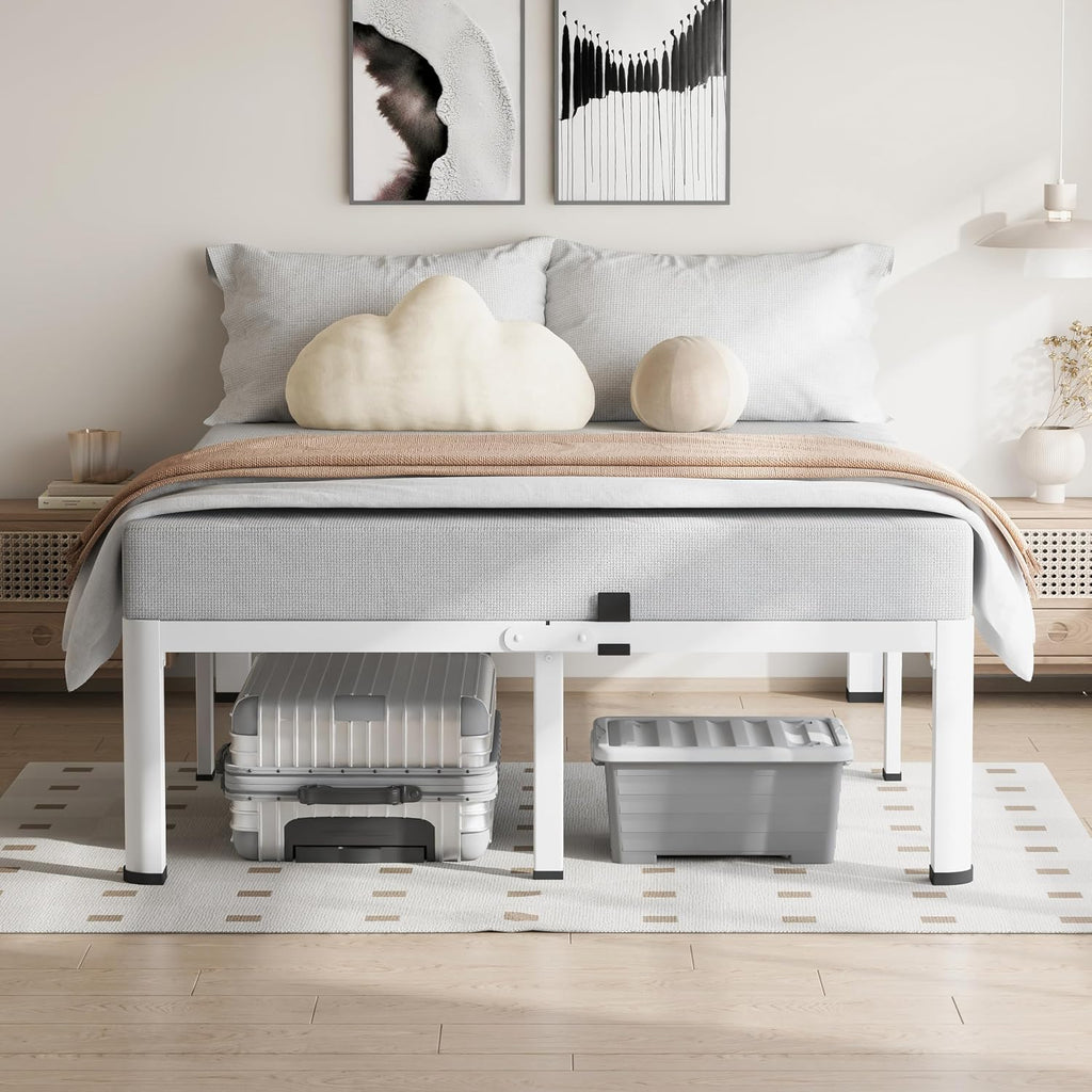 VIPSHOW 18 Inch Queen Size White Bed Frame, 3500Lbs Heavy Duty Metal Platform with Round Corner Legs Mattress Slide Stopper, Steel Slat Support No Box Spring Needed, Noise Free, Easy Assembly