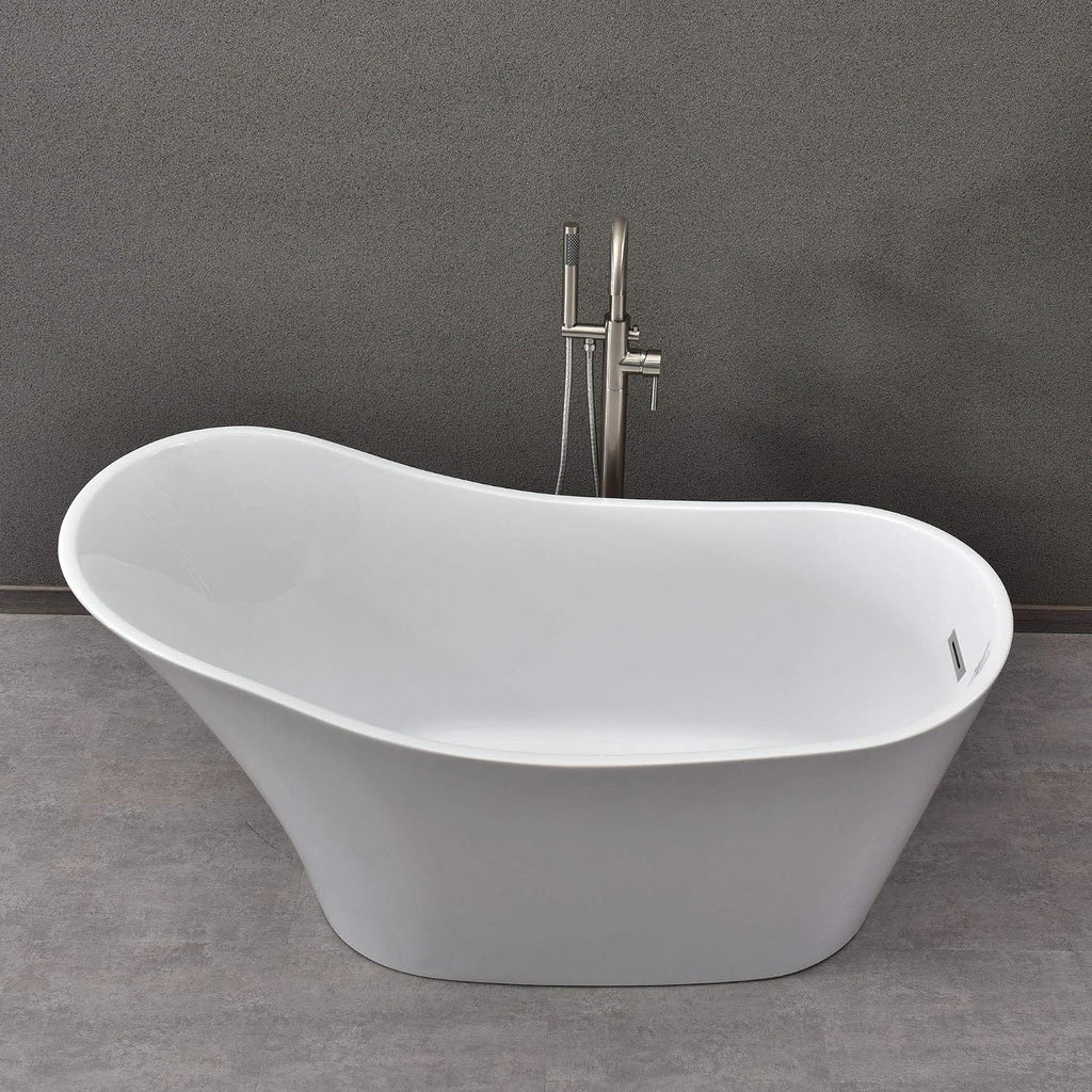 WOODBRIDGE 59' Acrylic Freestanding Bathtub Contemporary Soaking White Tub with Brushed Nickel Overflow and Drain，B0029-B/N-Drain&O