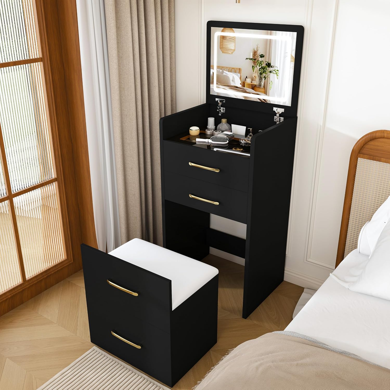 3 in 1 Vanity Desk with Plip Top Mirror and Lights,Small Make Up Vanity Set with Visible Glass Desktop,Compact Makeup Vanity with 3 Drawers,Dressing Table for Bedroom,Black