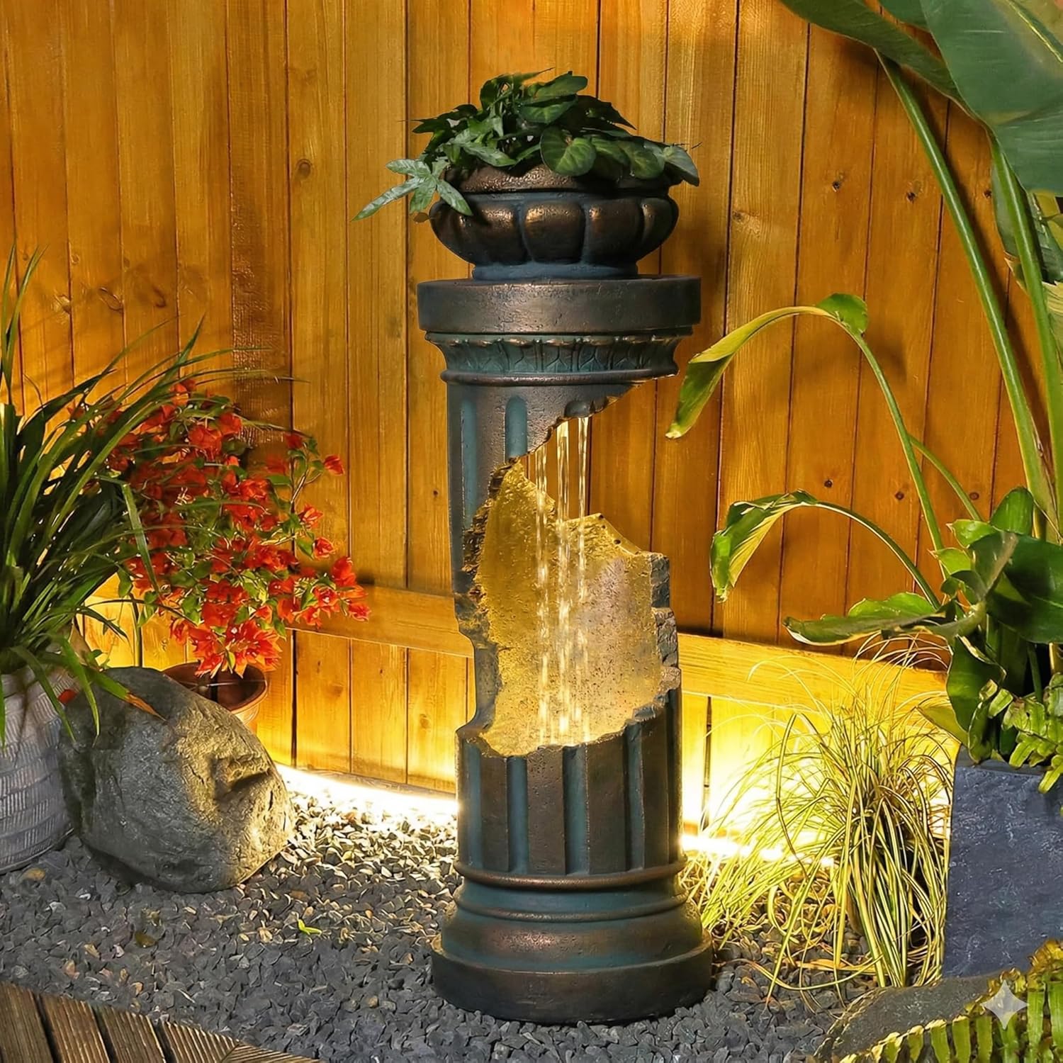 Sunlinua Outdoor Water Fountain with LED Light, Modern Spiral Tiered Outdoor Fountain with Stone Planter Curved Freestanding Waterfall Fountains for Garden Patio Deck Porch Gold