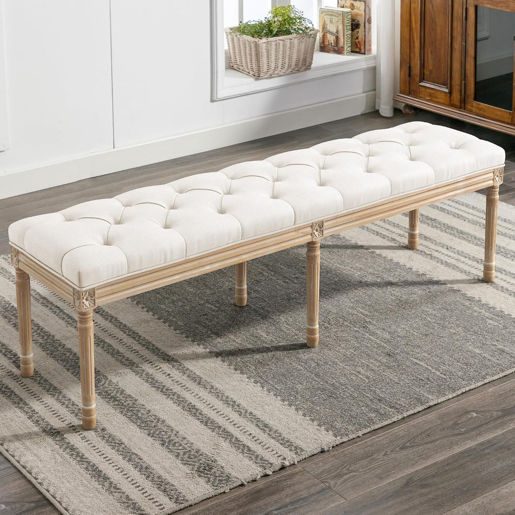 LUE BONA 60' Fabric End of Bed Bench, Upholstered Tufted French Bedroom Bench with Carved Legs for Bedroom End of King Size Bed, Living Room, Beige