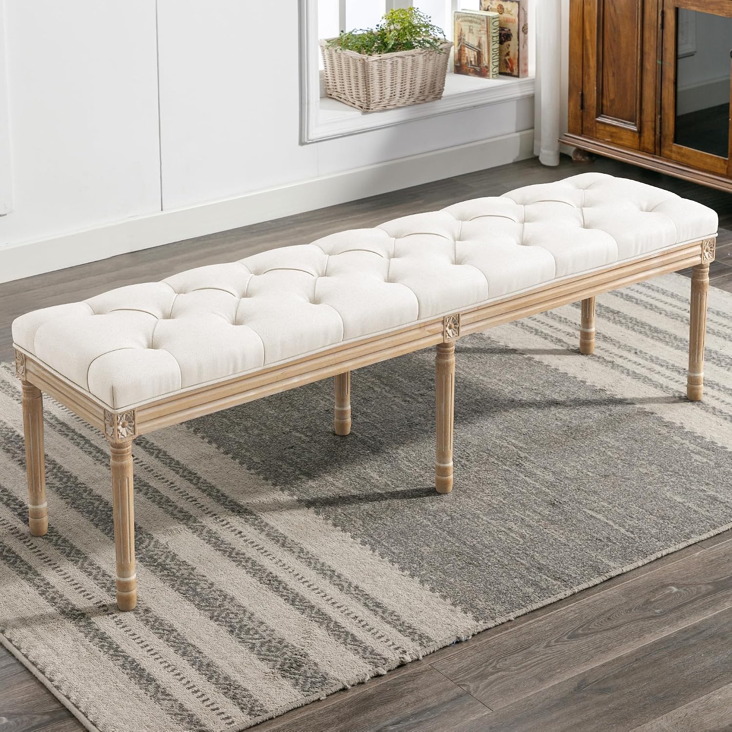 LUE BONA 60' Fabric End of Bed Bench, Upholstered Tufted French Bedroom Bench with Carved Legs for Bedroom End of King Size Bed, Living Room, Beige