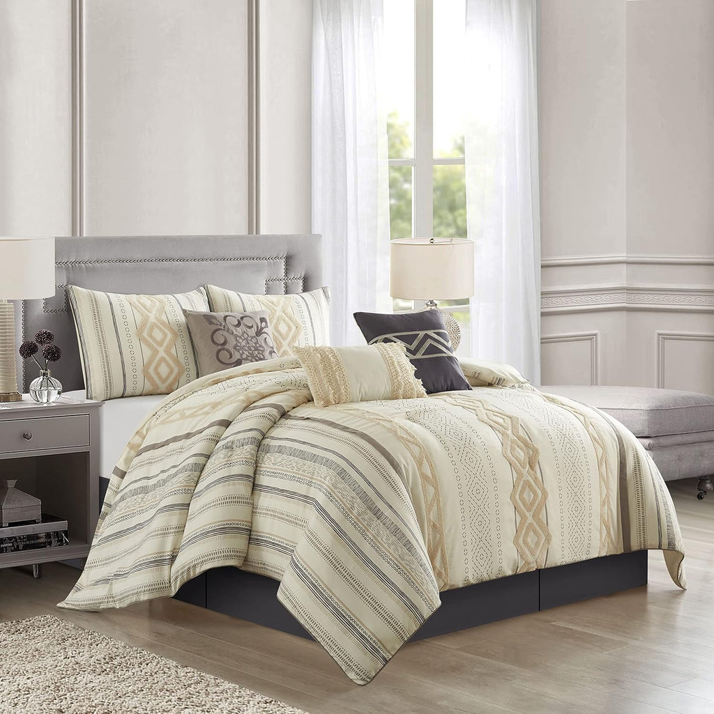 Stratford Park Beige/Ivory Boho Geometric King Size Comforter Set, 7 Piece, Print & Terry Embroidery Ultra Soft, Premium Microfiber, Home Decor