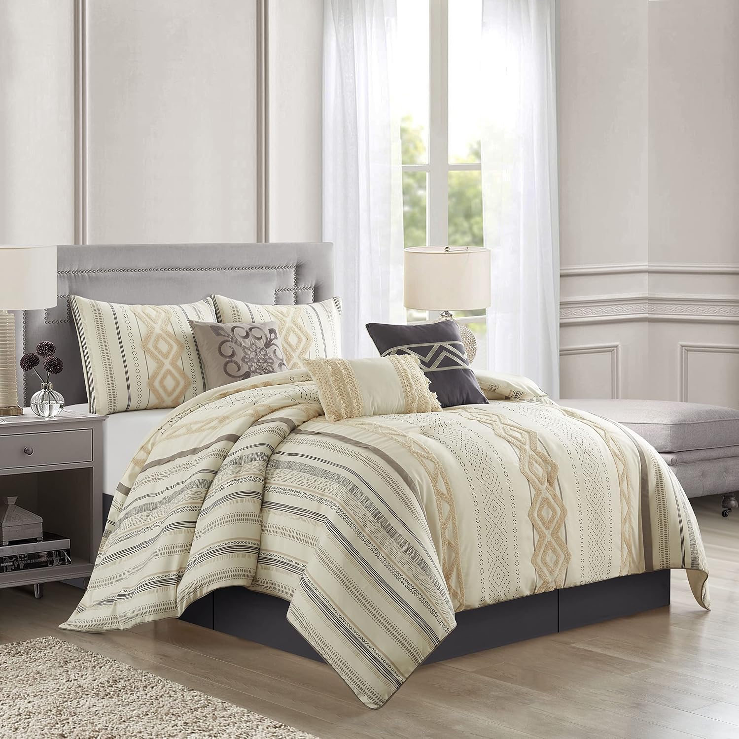 Stratford Park Beige/Ivory Boho Geometric King Size Comforter Set, 7 Piece, Print & Terry Embroidery Ultra Soft, Premium Microfiber, Home Decor