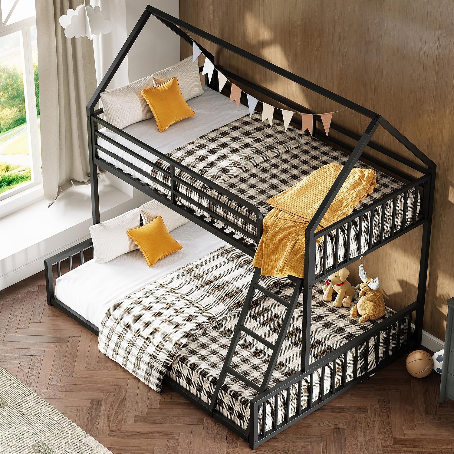 LIKIMIO Bunk Bed Twin Over Full Size, House Bunk Bed Frame with Ladder and Guardrail, House Shaped with Metal Slats Support No Box Spring Needed Space Saving for Bedroom and Dorm, Black