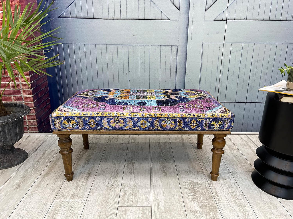 Generic Handmade Oriental Rug Bench, Pink, Wood, Cotton Fabric, Sponge