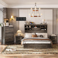 4 Piece Bedroom Furniture Set Farmhouse - Gray Wood Queen Size Platform Bed Frame with Storage Headboard and Charging Station, Rustic Queen Bedroom Set with 1 Dresser and 2 Nightstand Sets