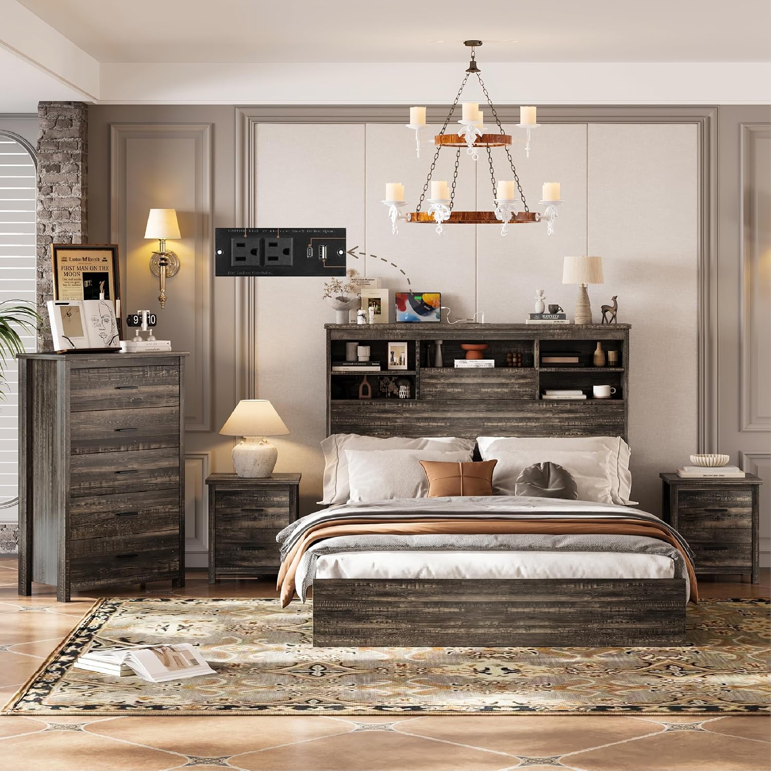 4 Piece Bedroom Furniture Set Farmhouse - Gray Wood Queen Size Platform Bed Frame with Storage Headboard and Charging Station, Rustic Queen Bedroom Set with 1 Dresser and 2 Nightstand Sets