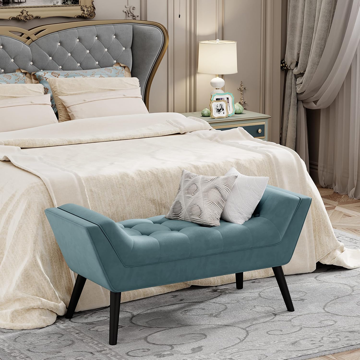 Andeworld Velvet Bed Bench,Upholstered Entryway Ottoman Bench Seat for Bedroom End of Bed,Footstools for Bed Room,Lake Blue