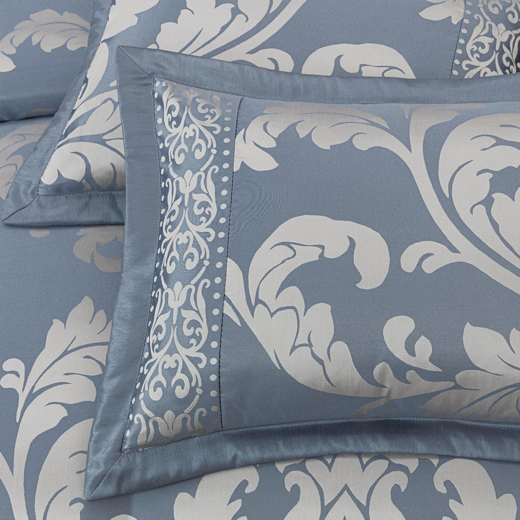 Chezmoi Collection Royale 7-Piece Jacquard Floral Comforter Set, Oversized Queen, Grayish Blue/Gray