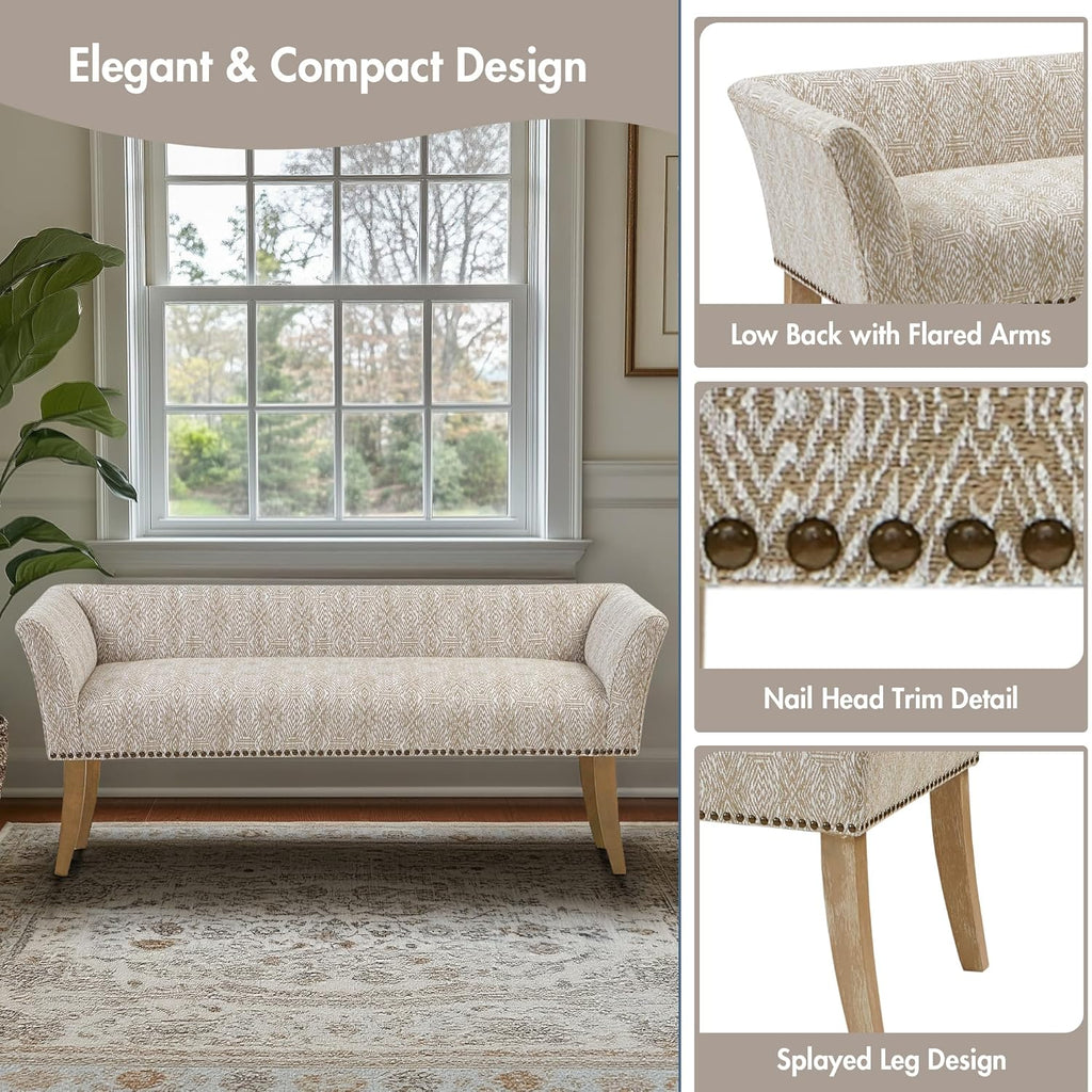Madison Park Accent Bench for Living Room, Upholstered with Nailhead Trim, & Padded Seat Entryway Bench Small, End of Bed Bench with Back, 49.5' W x 19.25' D x 23' H, Taupe Multi