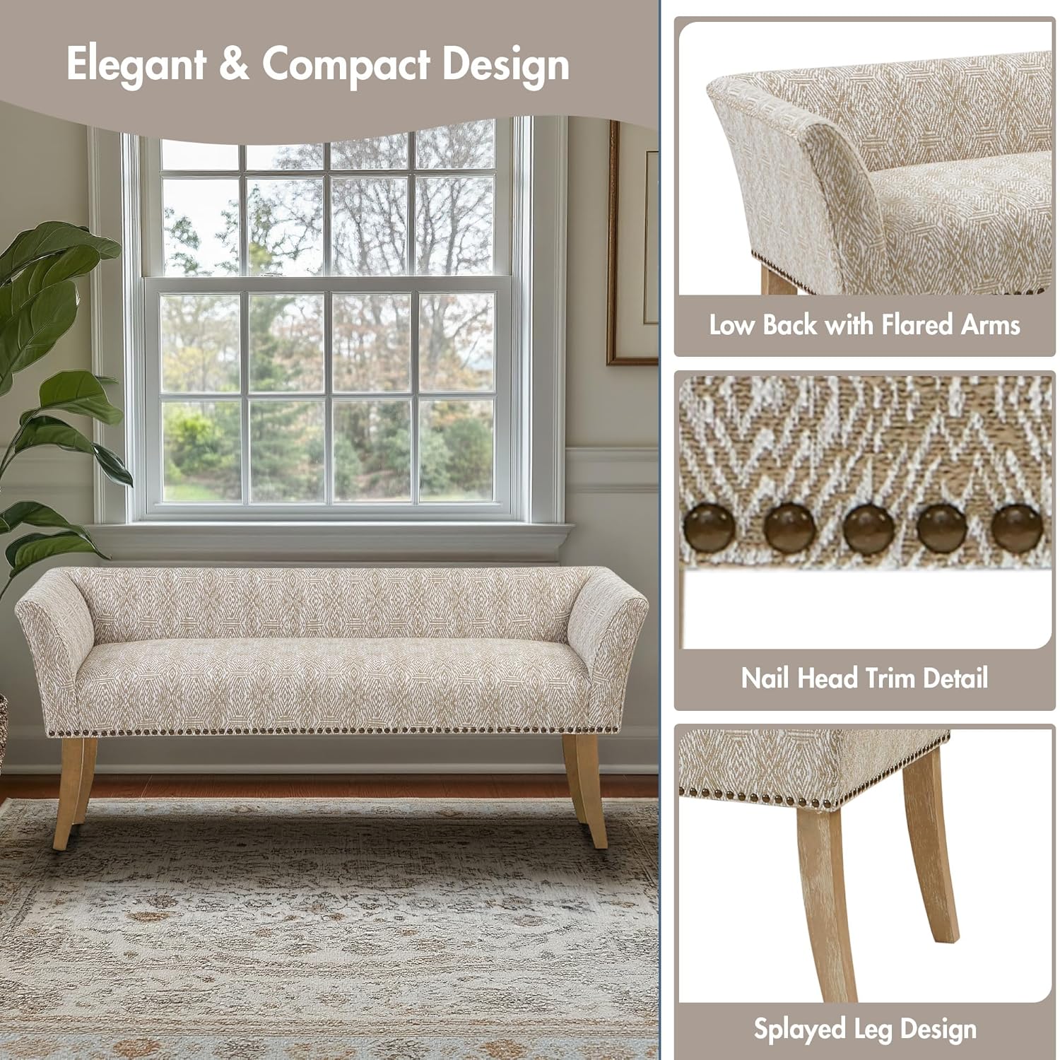 Madison Park Accent Bench for Living Room, Upholstered with Nailhead Trim, & Padded Seat Entryway Bench Small, End of Bed Bench with Back, 49.5' W x 19.25' D x 23' H, Taupe Multi