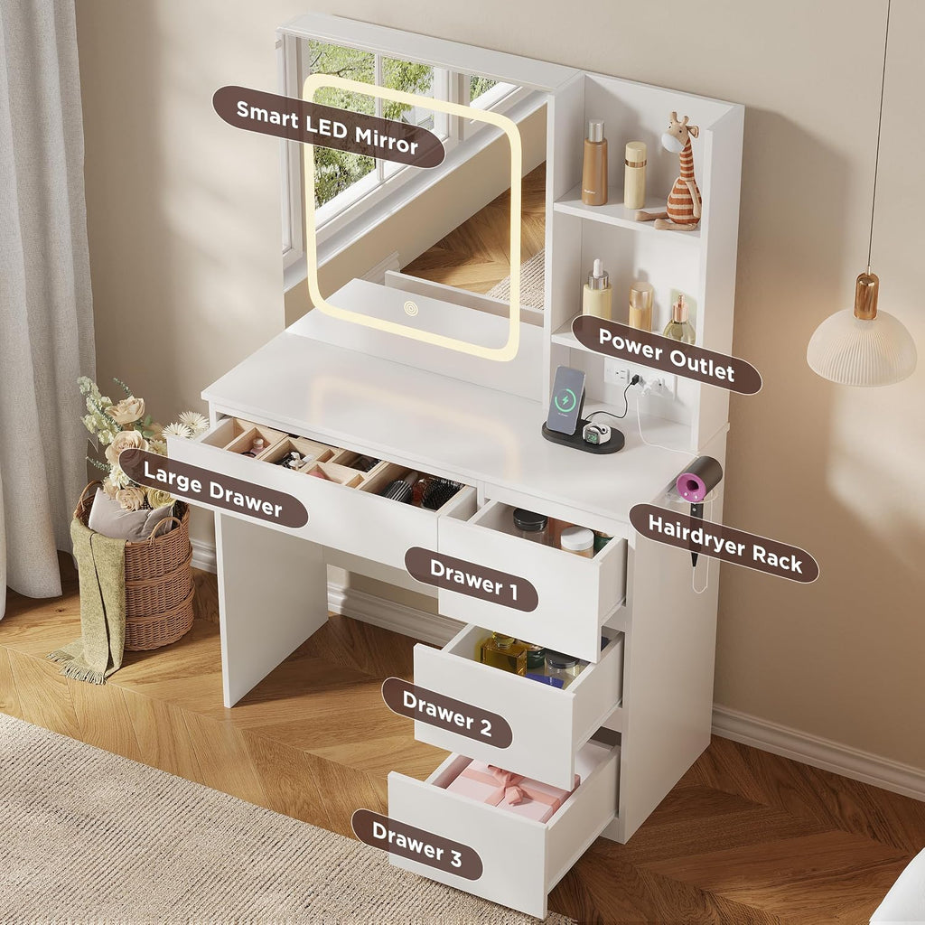 Vabches Make Up Vanity Desk with Charging Station, Vanity Set with Mirror and Stool and Lights,Dressing Table with 4 Drawers & Storage Shelves,37inch, White